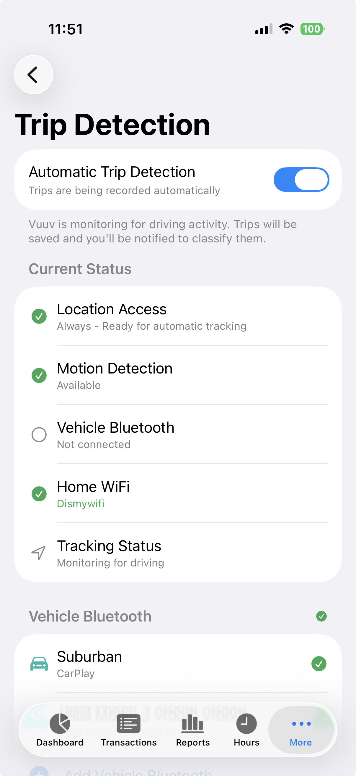 Vuuv mileage tracker app trip detection settings screen