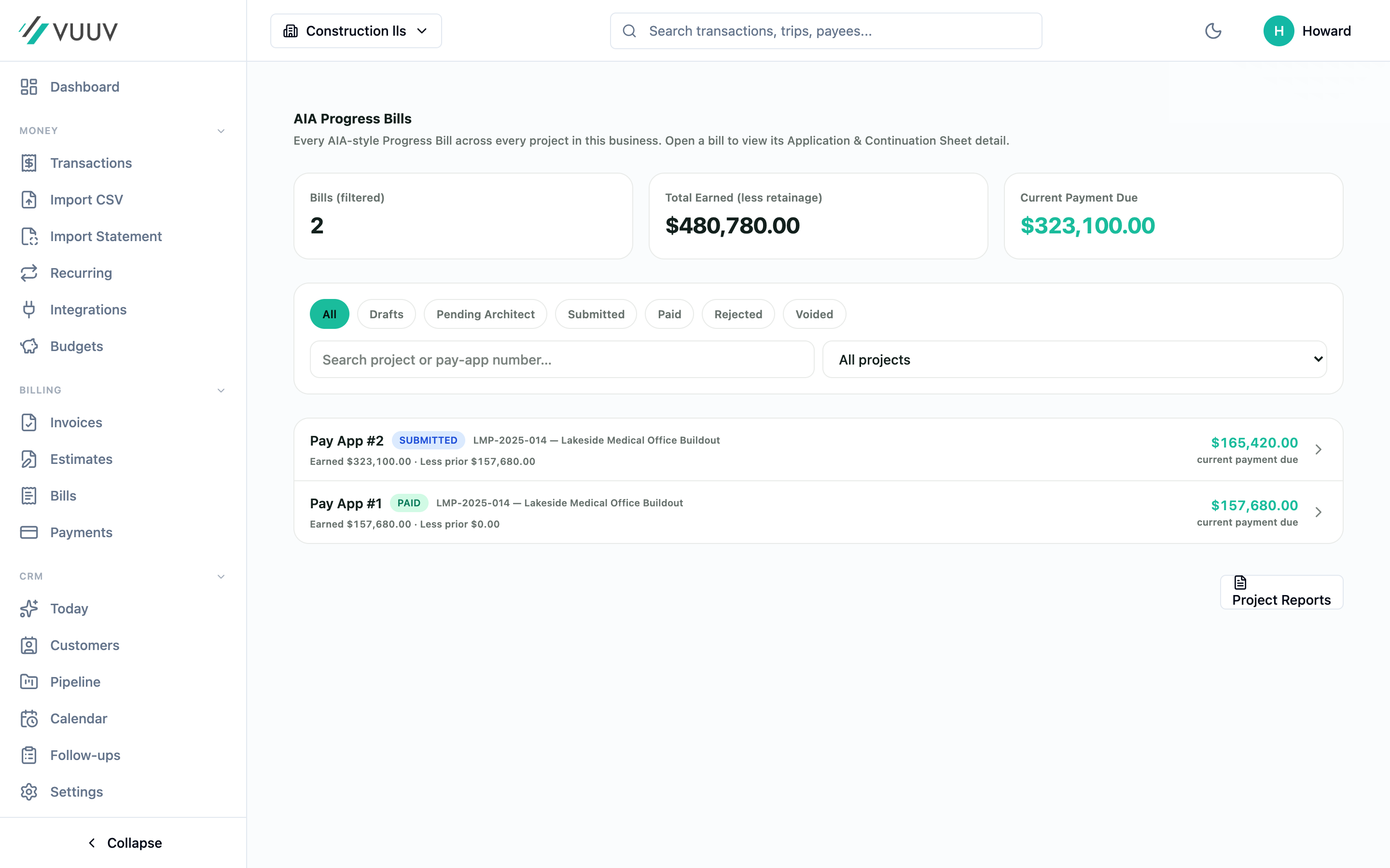 AIA-style Application and Certificate for Payment with a Continuation Sheet in Vuuv.