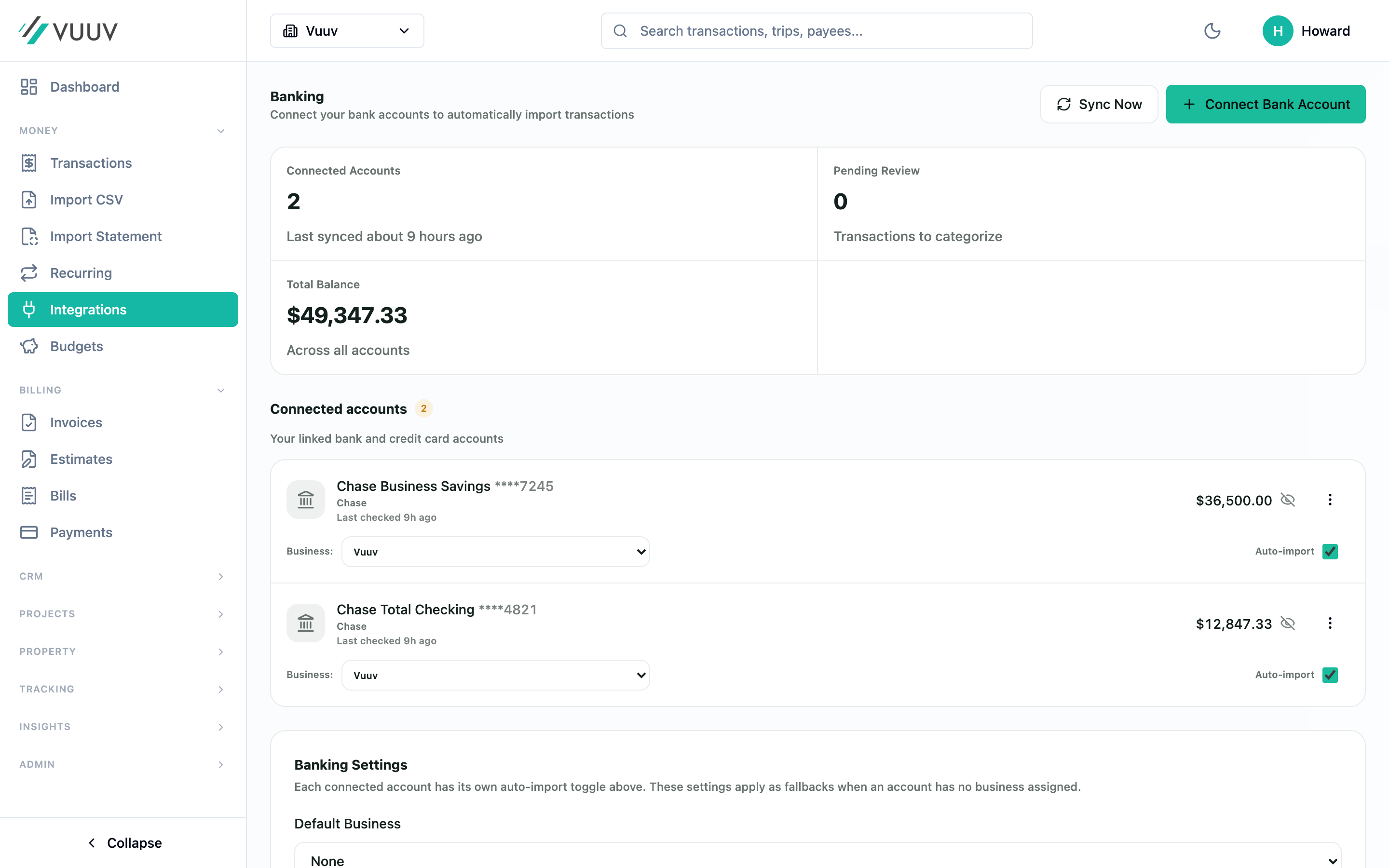 Vuuv banking view listing connected bank accounts and balances