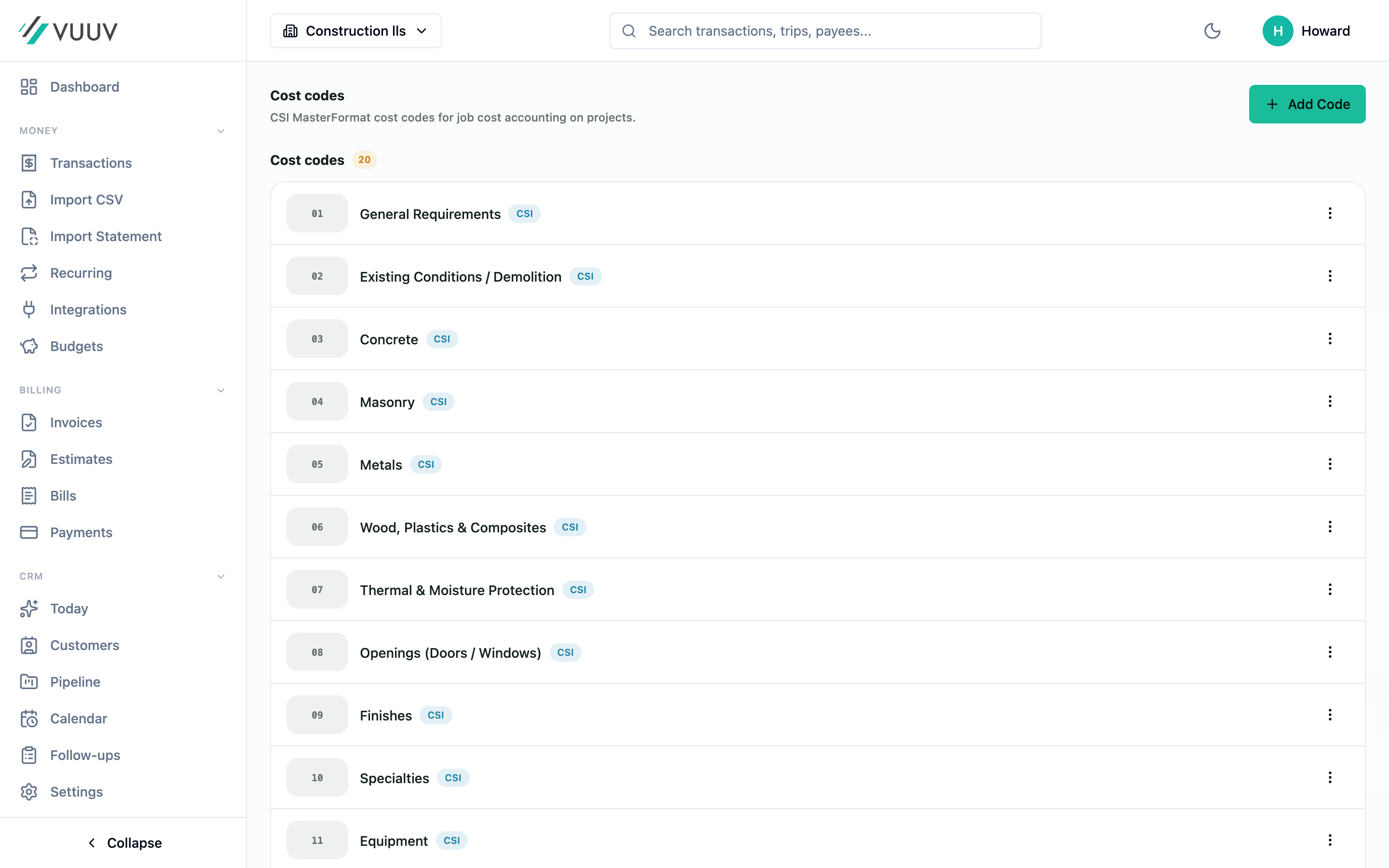 Vuuv cost code list with a CSI-lite structure for tagging every expense to a division.