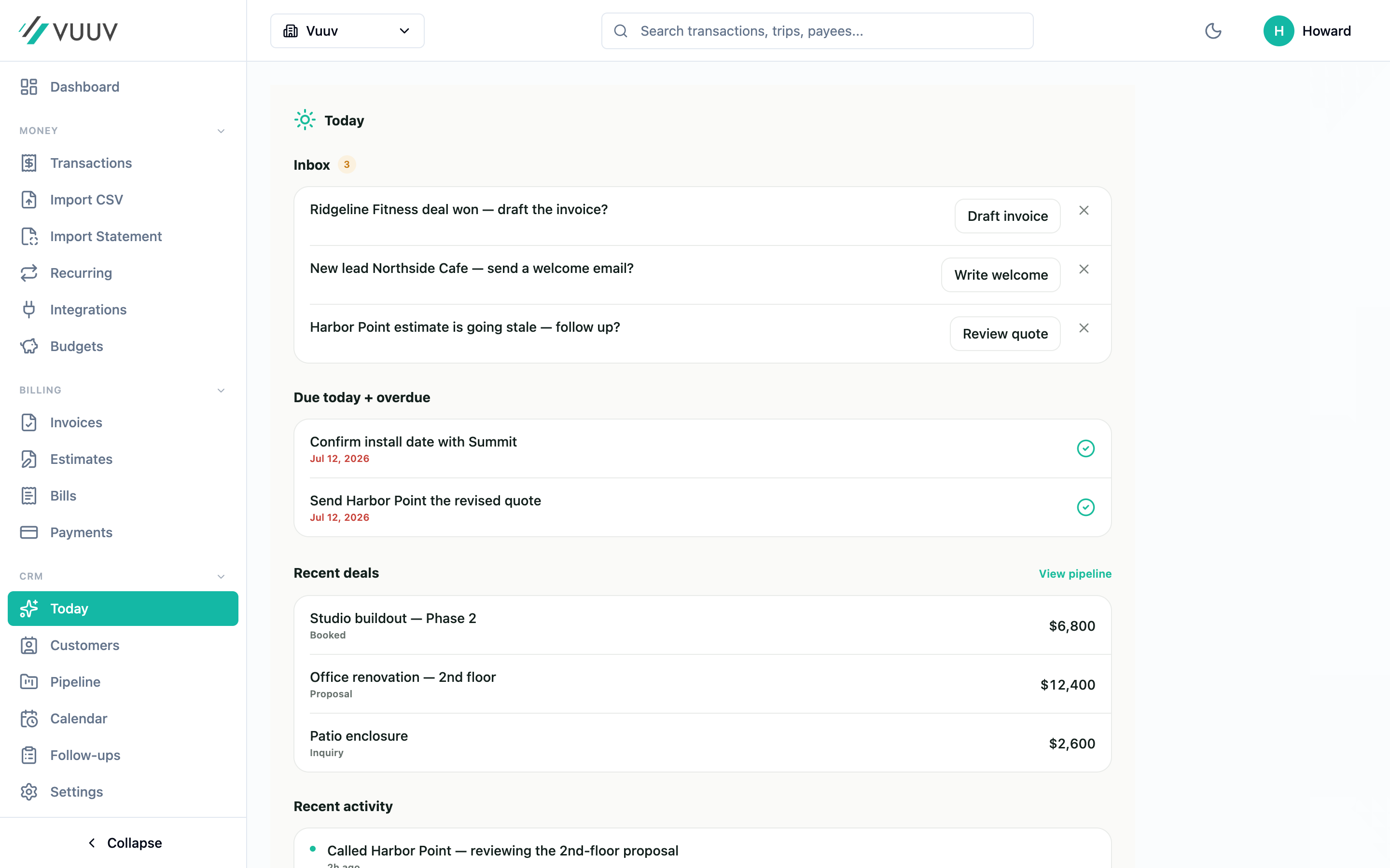 Vuuv CRM home showing the inbox, follow-ups due today, recent deals, and a live activity feed.