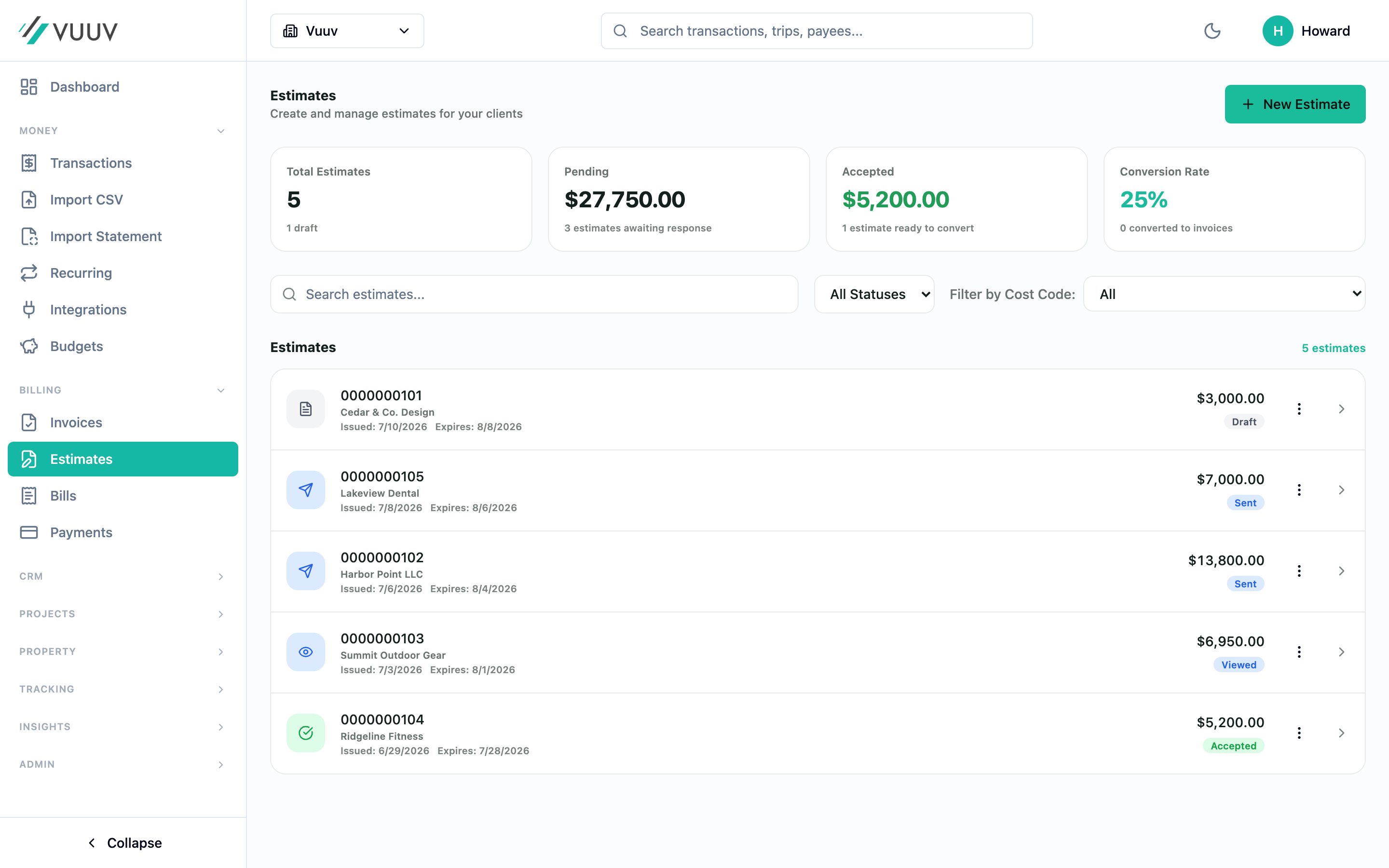 Vuuv estimates list with varied statuses ready to convert to invoices