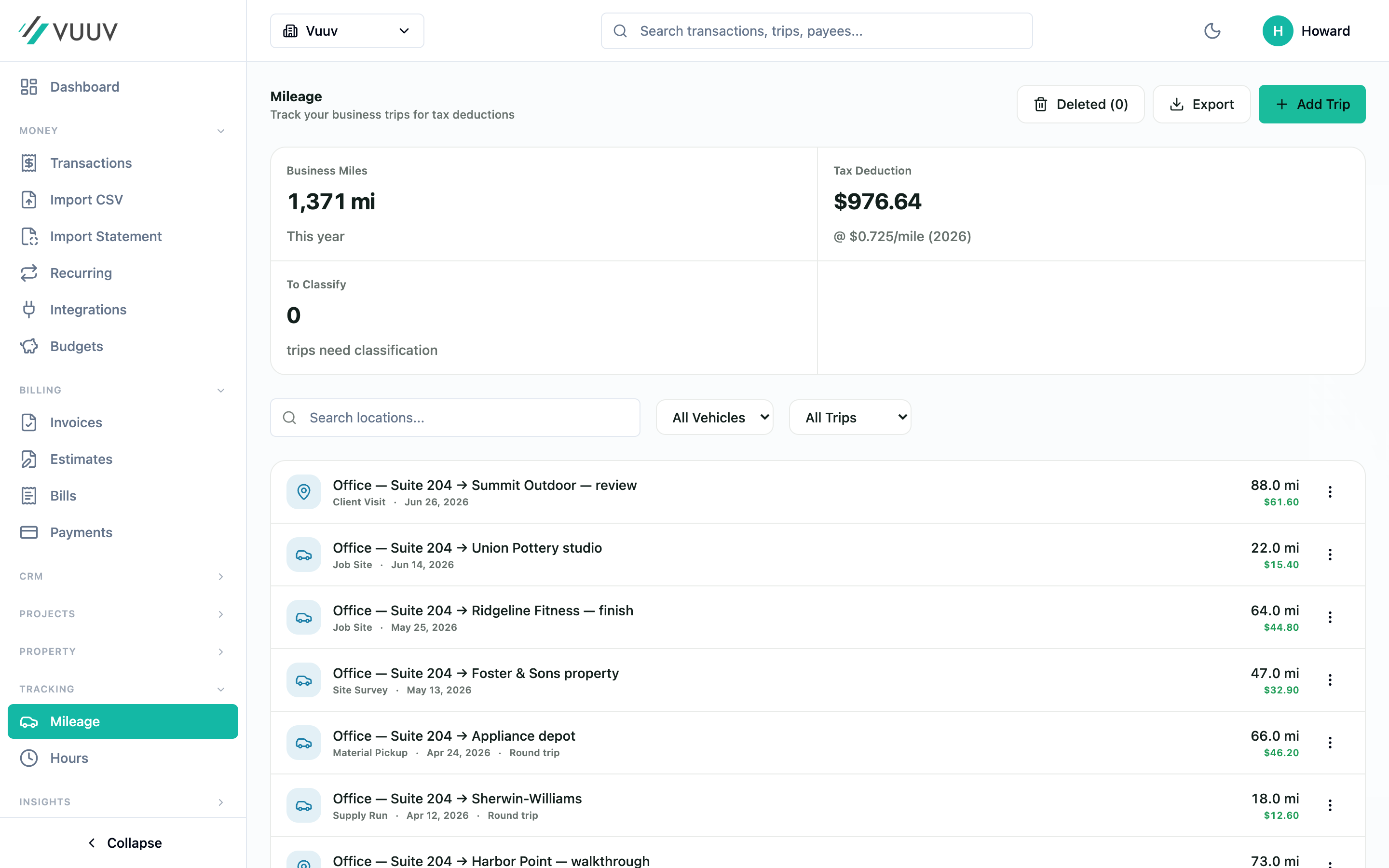 Vuuv mileage tracker showing the IRS deduction