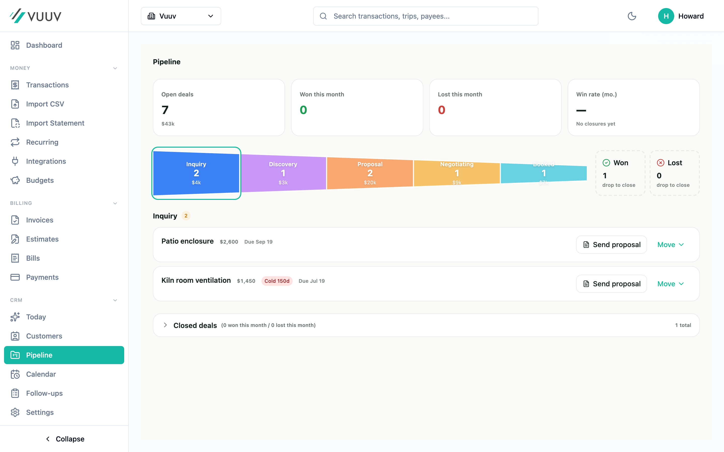Vuuv deal pipeline as a Kanban board with deals moving across stages from lead to won.