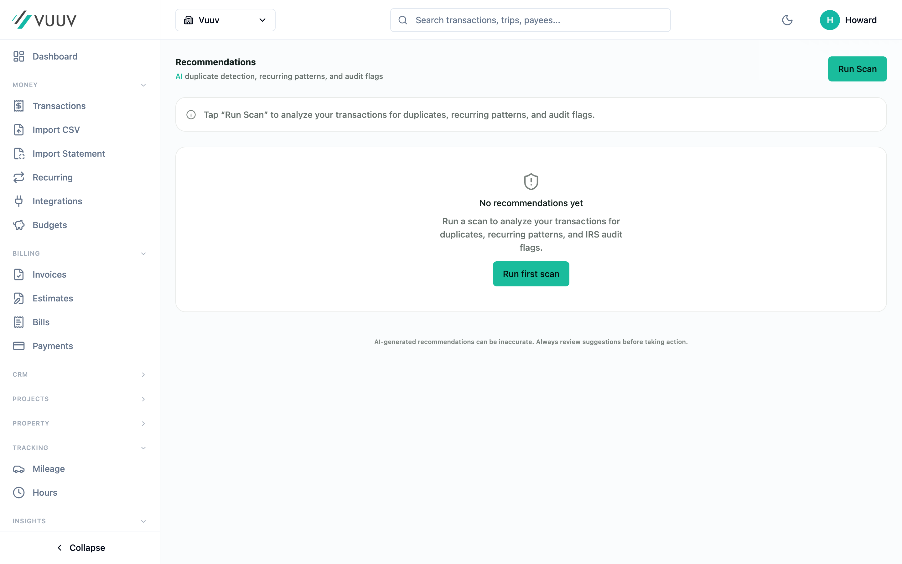 Vuuv AI recommendations surfacing missed deductions and items that need attention