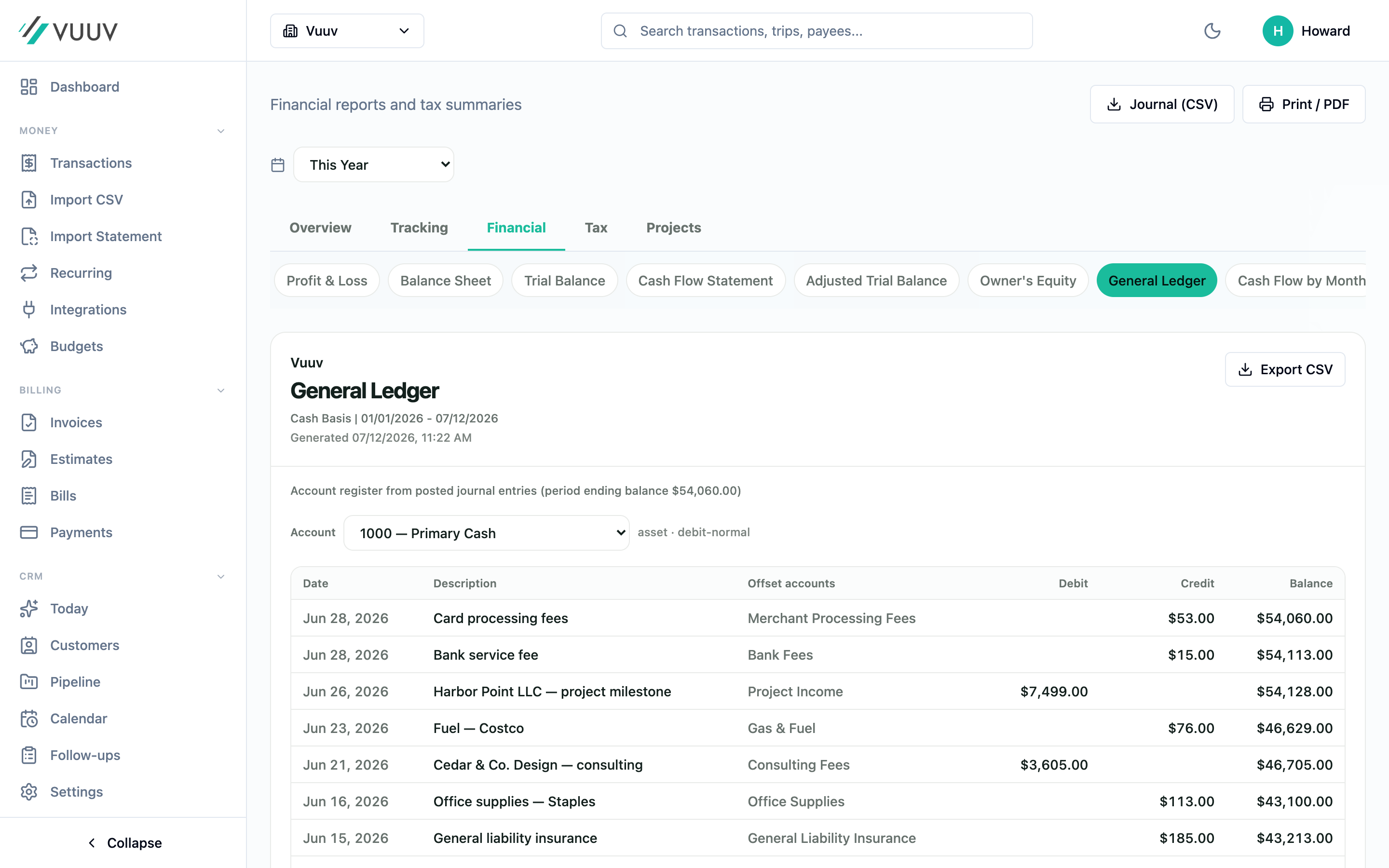 Vuuv general ledger showing posted debits and credits by account