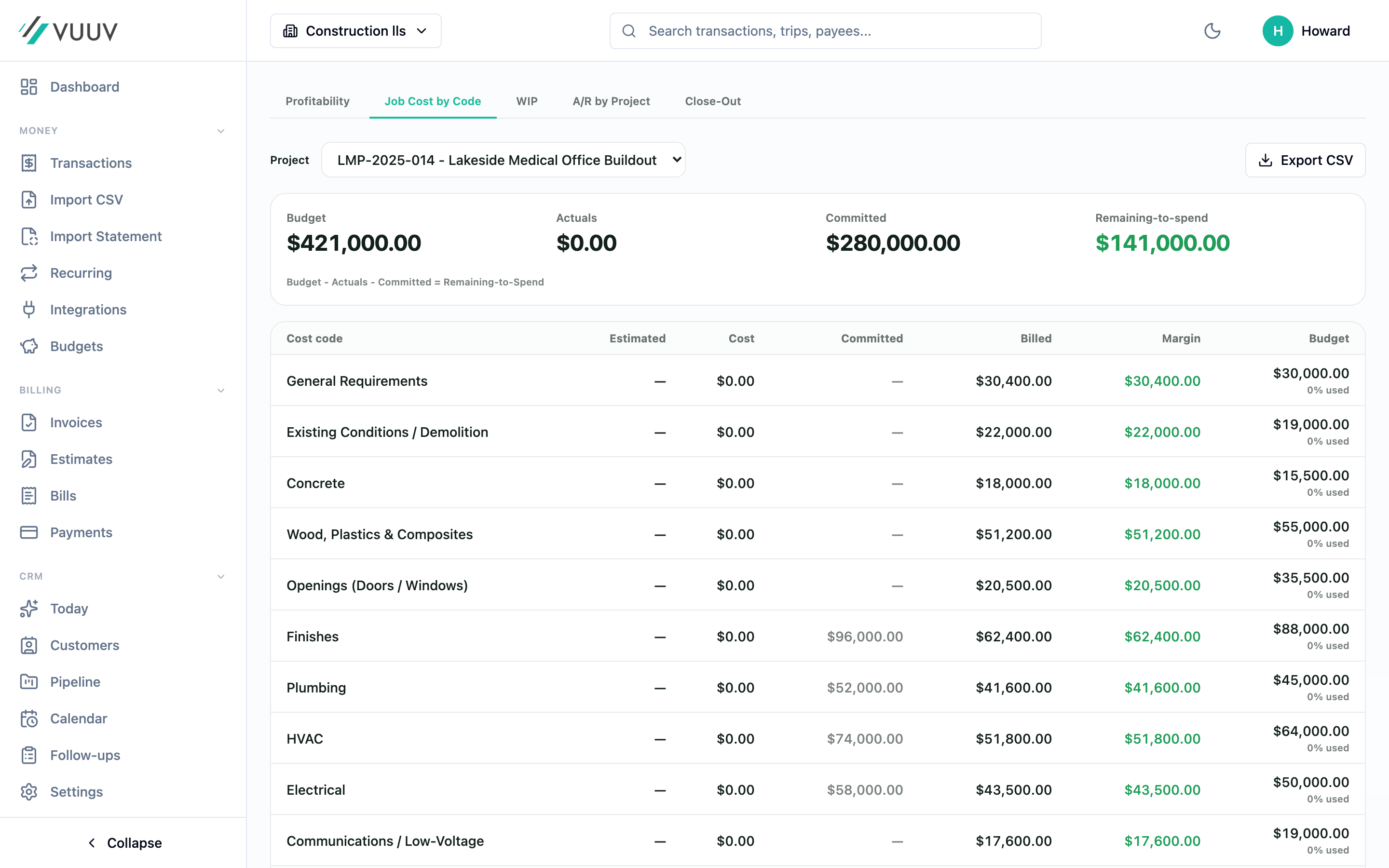 Vuuv job cost by code report showing budget versus actual for each cost code.