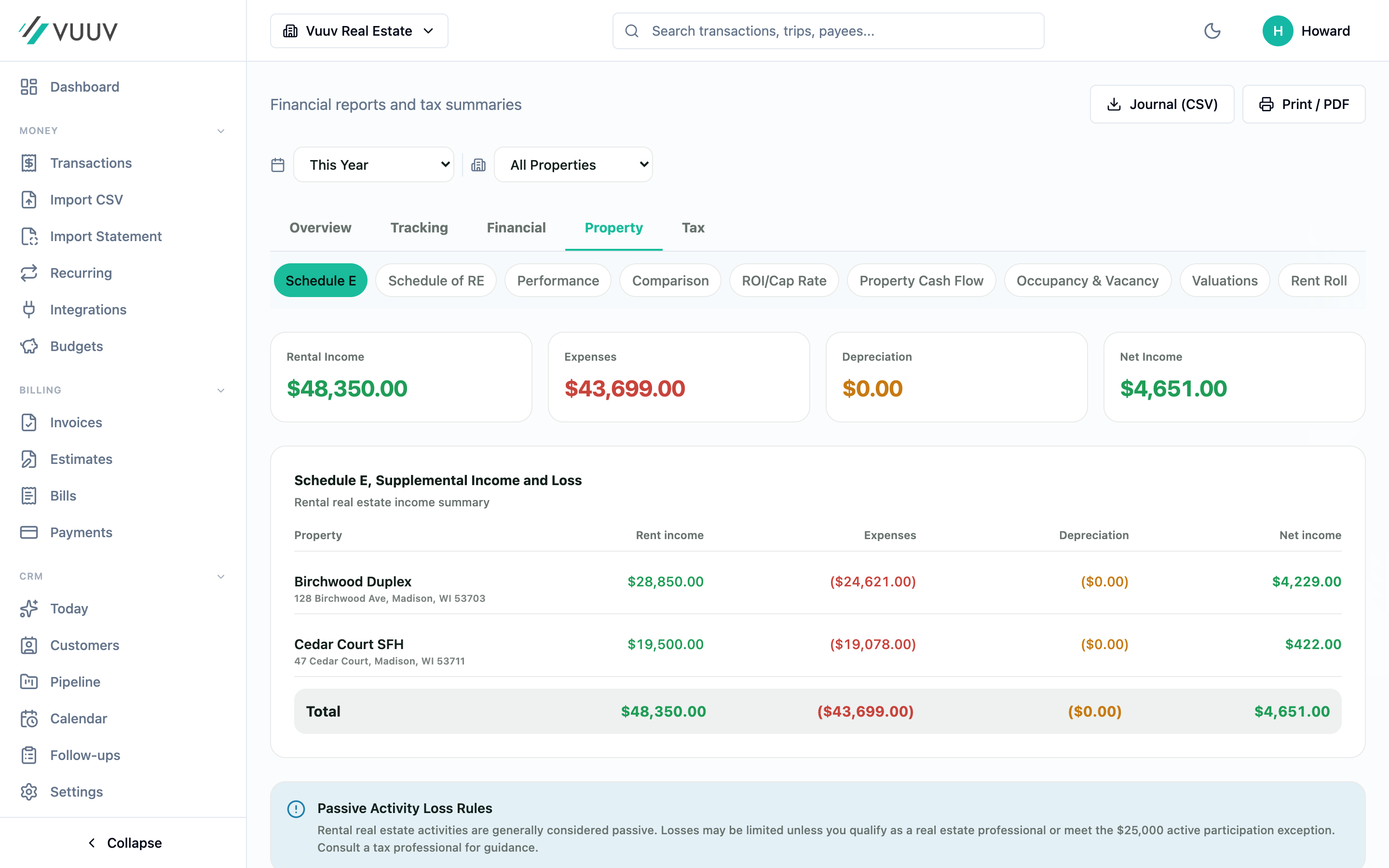 Vuuv Schedule E report with rental income and expenses categorized for taxes